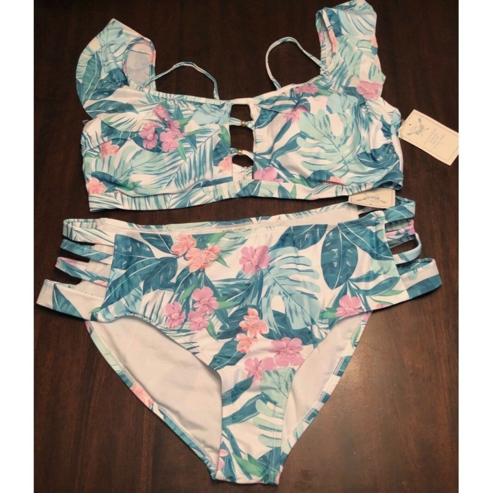 Blu C Swim Plus Womens Size 3X Tropical Off the Shoulder Bikini Swimsuit New
